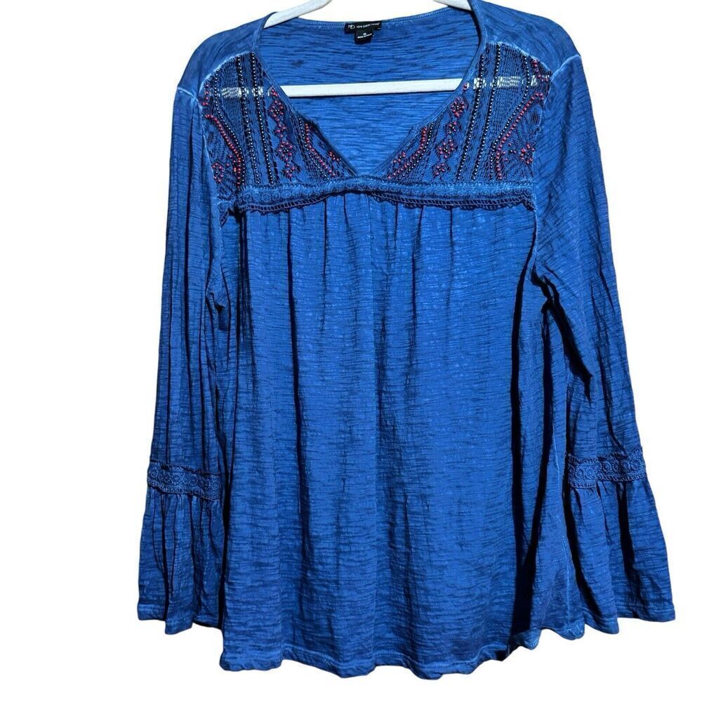 New Directions Tunic Top Womens XL Blue Multicolor Embellished Split Neck Blouse